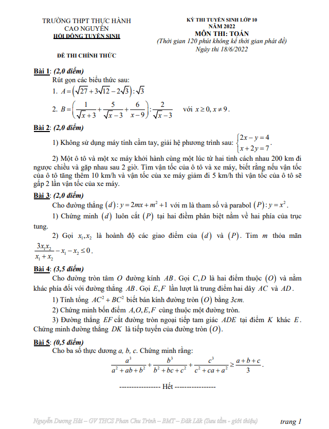 Đề tuyển sinh môn Toán năm 2022 trường Thực Hành Cao Nguyên Đắk Lắk