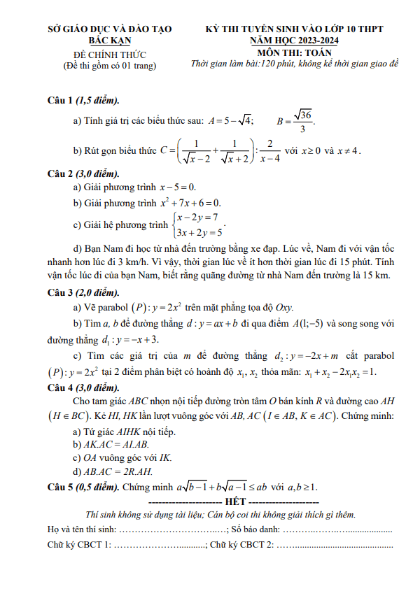 Đề tuyển sinh môn Toán năm 2023 2024 sở GD ĐT Bắc Kạn