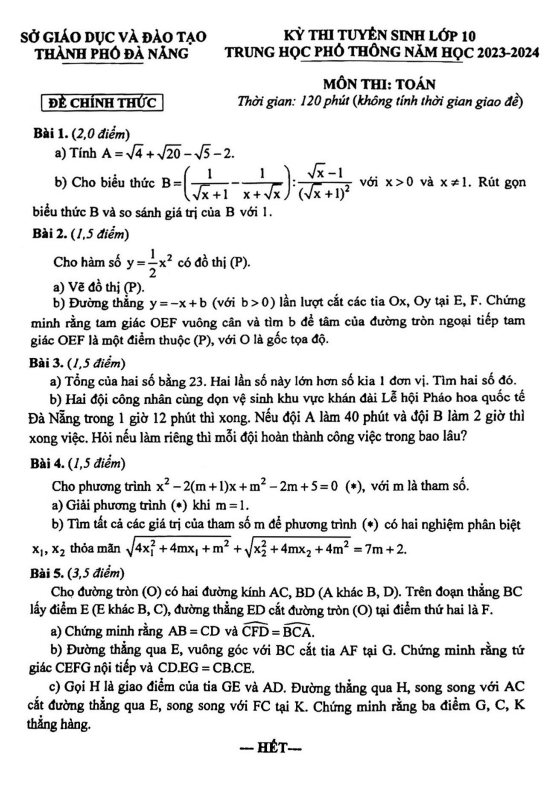 Đề tuyển sinh môn Toán năm 2023 2024 sở GD ĐT Đà Nẵng