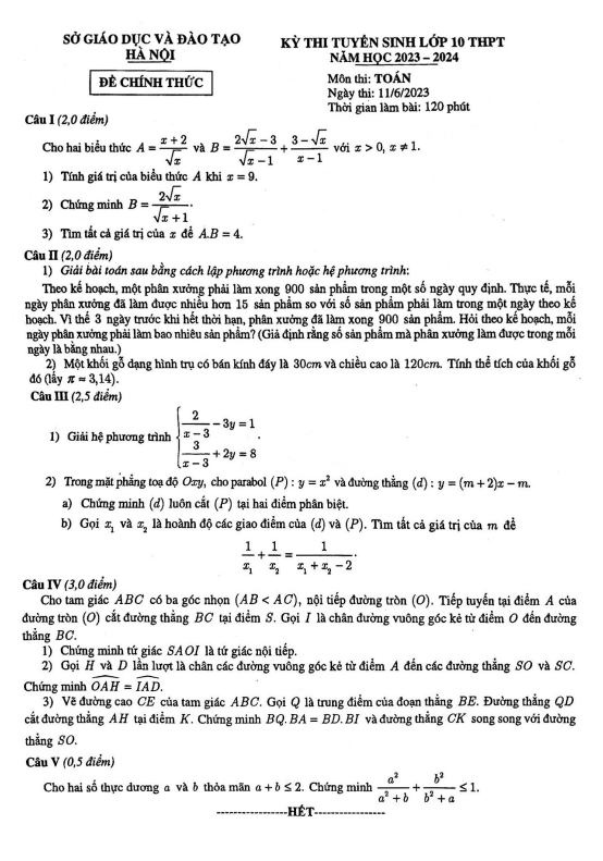 Đề tuyển sinh môn Toán năm 2023 2024 sở GD ĐT Hà Nội