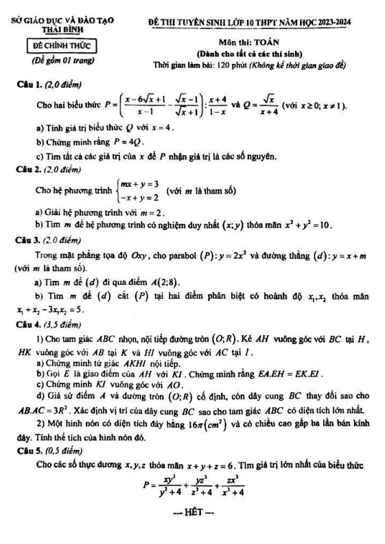 Đề tuyển sinh môn Toán năm 2023 2024 sở GD ĐT Thái Bình
