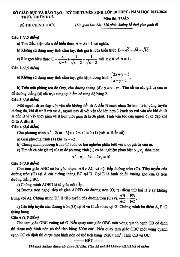 Đề tuyển sinh môn Toán năm 2023 2024 sở GD ĐT Thừa Thiên Huế