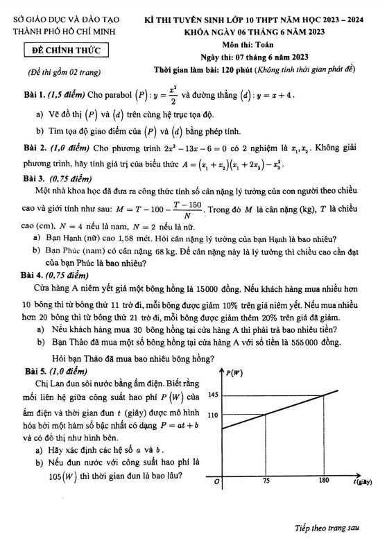Đề tuyển sinh môn Toán năm 2023 2024 sở GD ĐT TP Hồ Chí Minh
