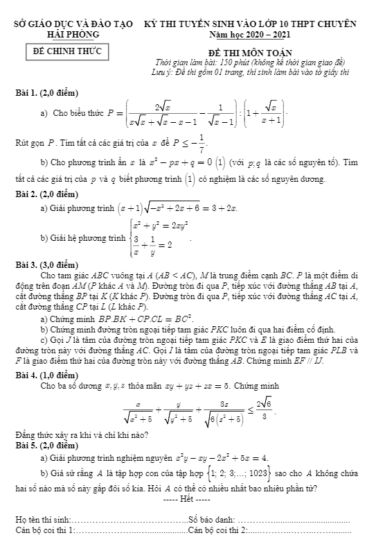Đề tuyển sinh THPT chuyên môn Toán năm 2020 2021 sở GD ĐT Hải Phòng