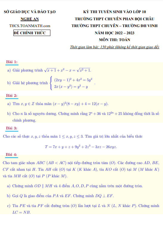 Đề tuyển sinh THPT chuyên môn Toán năm 2022 2023 sở GD ĐT Nghệ An