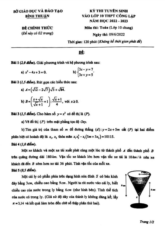 Đề tuyển sinh THPT môn Toán (chung) năm 2022 2023 sở GD ĐT Bình Thuận