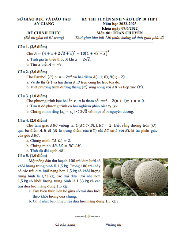 Đề tuyển sinh THPT môn Toán (chuyên) năm 2022 2023 sở GD ĐT An Giang