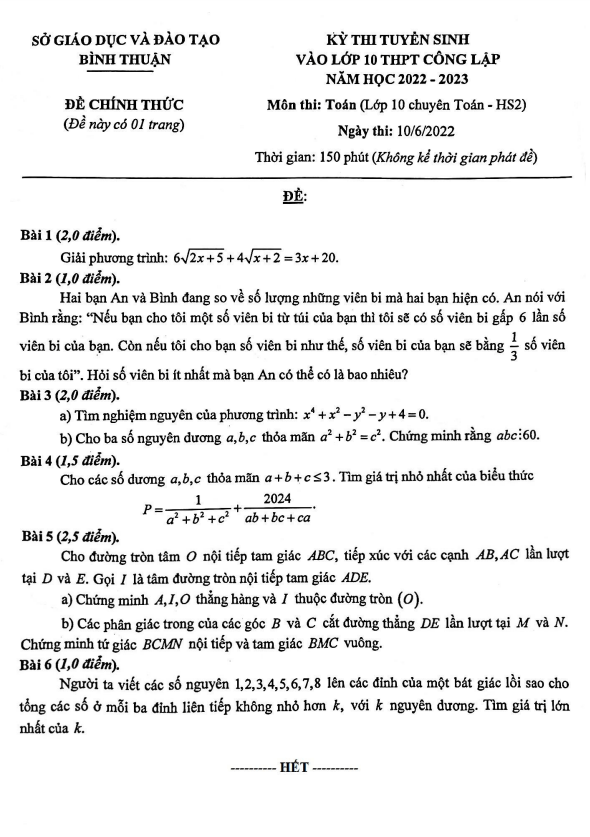 Đề tuyển sinh THPT môn Toán (chuyên) năm 2022 2023 sở GD ĐT Bình Thuận