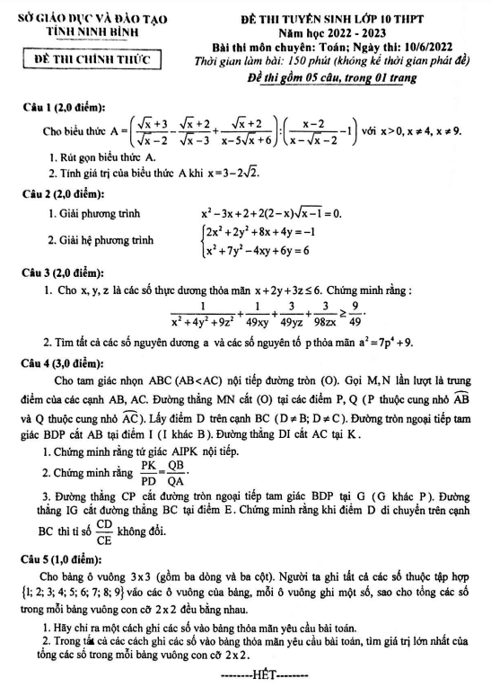 Đề tuyển sinh THPT môn Toán (chuyên) năm 2022 2023 sở GD ĐT Ninh Bình