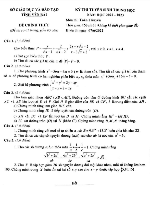 Đề tuyển sinh THPT môn Toán (chuyên) năm 2022 2023 sở GD ĐT Yên Bái