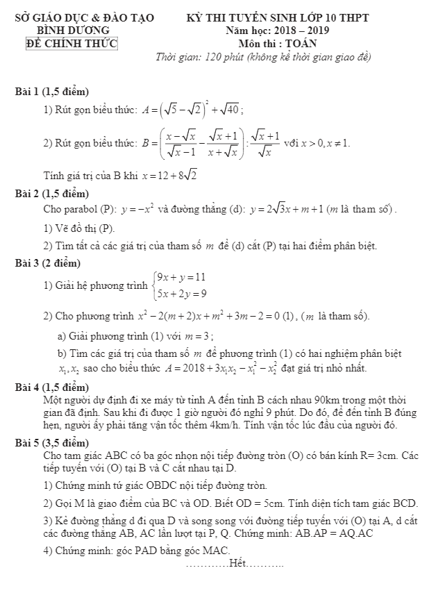 Đề tuyển sinh THPT môn Toán năm 2018 2019 sở GD và ĐT Bình Dương
