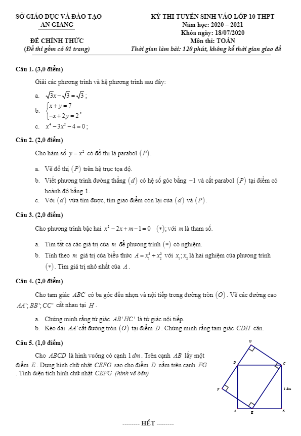 Đề tuyển sinh THPT môn Toán năm 2020 2021 sở GD ĐT An Giang