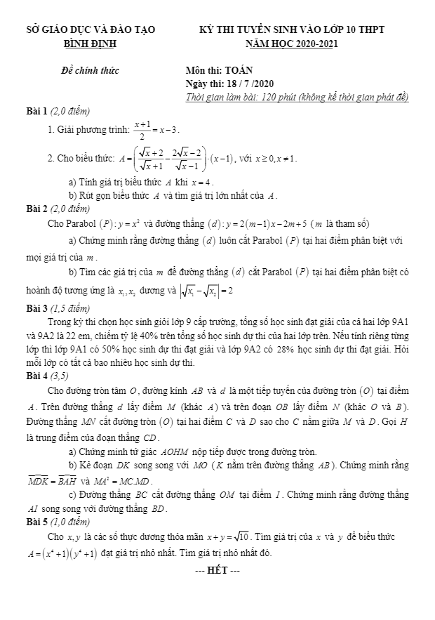 Đề tuyển sinh THPT môn Toán năm 2020 2021 sở GD ĐT Bình Định