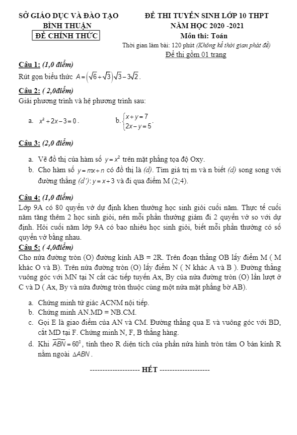 Đề tuyển sinh THPT môn Toán năm 2020 2021 sở GD ĐT Bình Thuận