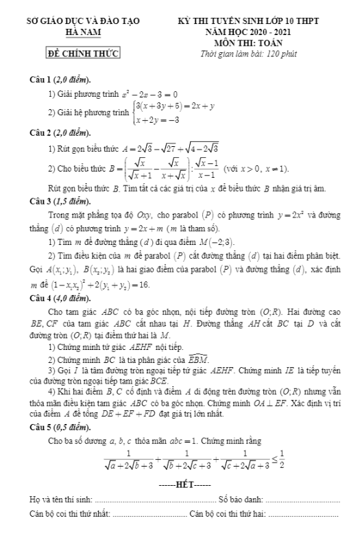 Đề tuyển sinh THPT môn Toán năm 2020 2021 sở GD ĐT Hà Nam