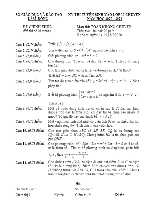 Đề tuyển sinh THPT môn Toán năm 2020 2021 sở GD ĐT Lâm Đồng