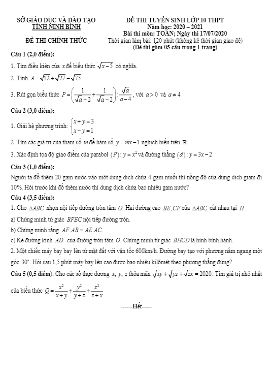 Đề tuyển sinh THPT môn Toán năm 2020 2021 sở GD ĐT Ninh Bình