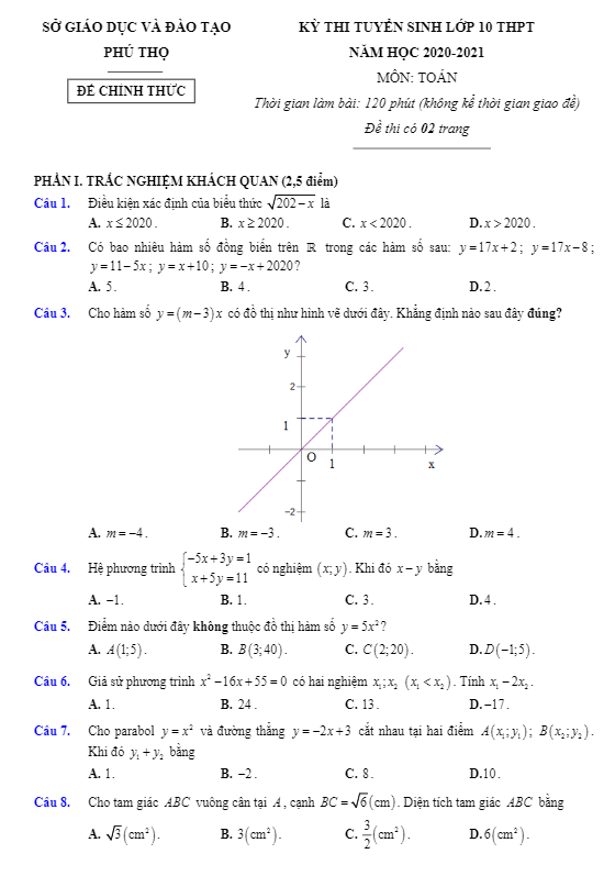 Đề tuyển sinh THPT môn Toán năm 2020 2021 sở GD ĐT Phú Thọ