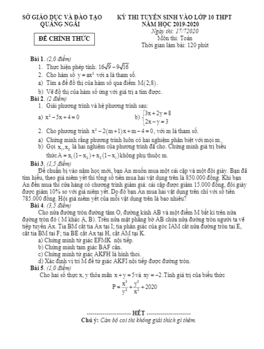 Đề tuyển sinh THPT môn Toán năm 2020 2021 sở GD ĐT Quảng Ngãi