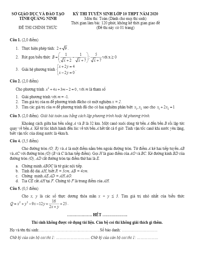 Đề tuyển sinh THPT môn Toán năm 2020 2021 sở GD ĐT Quảng Ninh