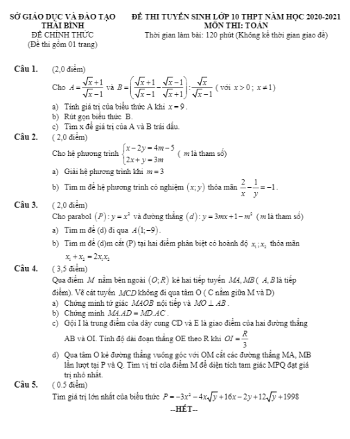 Đề tuyển sinh THPT môn Toán năm 2020 2021 sở GD ĐT Thái Bình