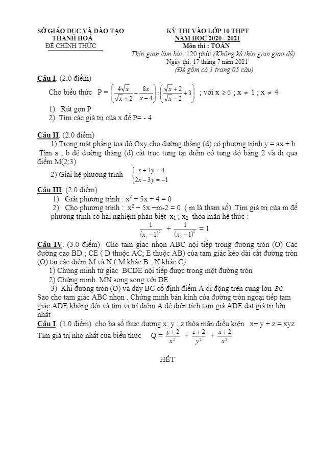 Đề tuyển sinh THPT môn Toán năm 2020 2021 sở GD ĐT Thanh Hóa