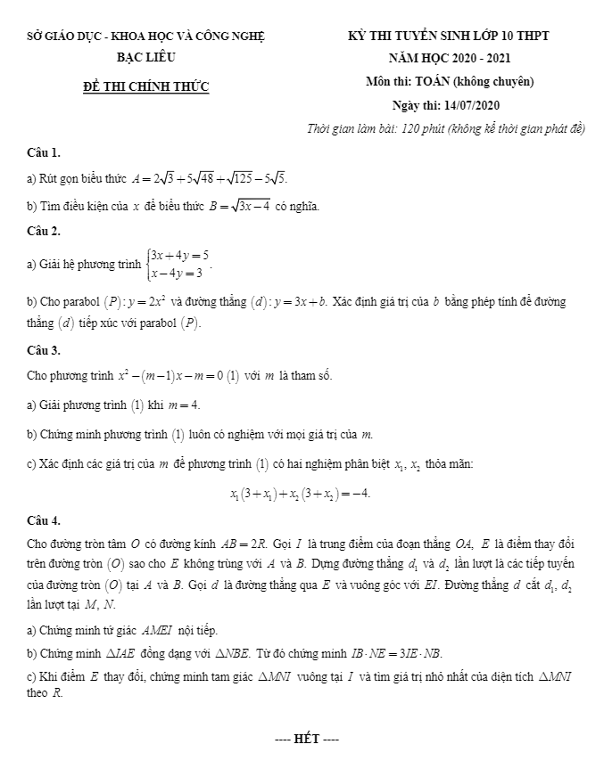 Đề tuyển sinh THPT môn Toán năm 2020 2021 sở GDKHCN Bạc Liêu