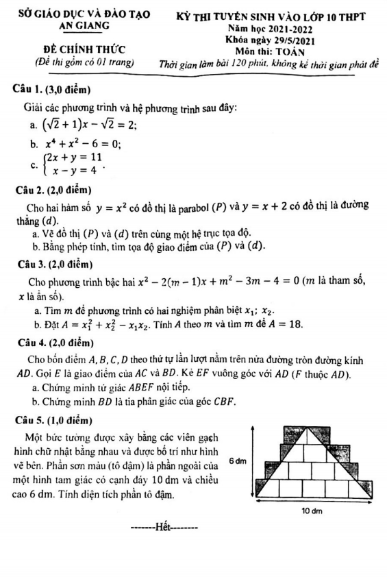 Đề tuyển sinh THPT môn Toán năm 2021 2022 sở GD ĐT An Giang