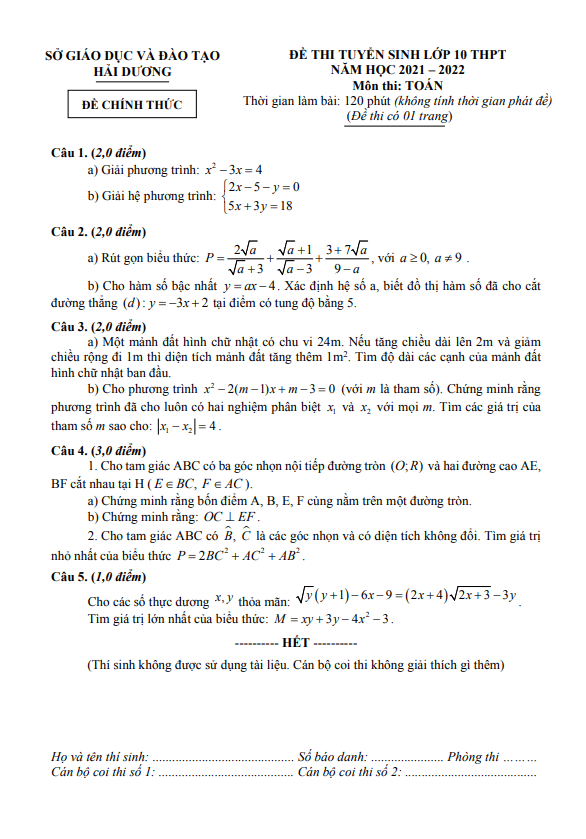 Đề tuyển sinh THPT môn Toán năm 2021 2022 sở GD ĐT Hải Dương