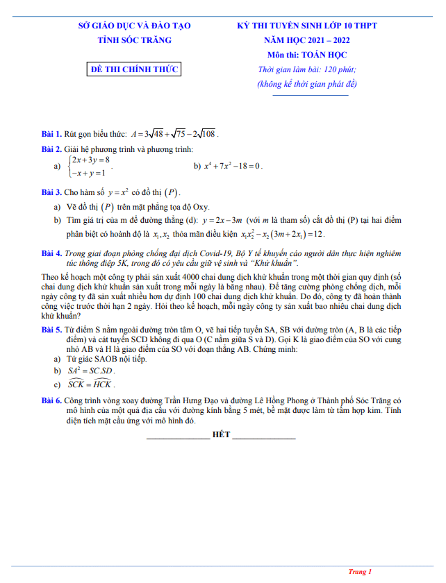 Đề tuyển sinh THPT môn Toán năm 2021 2022 sở GD ĐT Sóc Trăng