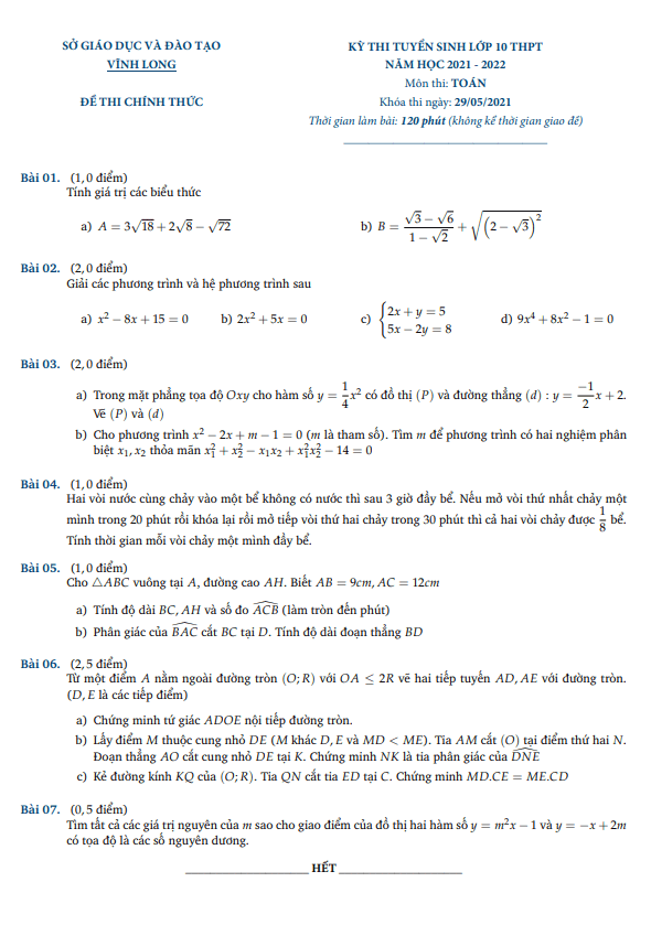 Đề tuyển sinh THPT môn Toán năm 2021 2022 sở GD ĐT Vĩnh Long