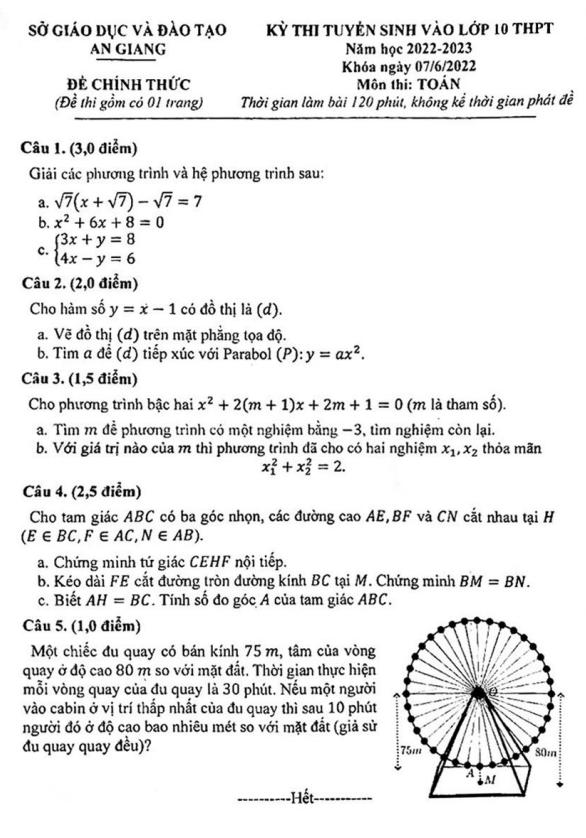 Đề tuyển sinh THPT môn Toán năm 2022 2023 sở GD ĐT An Giang