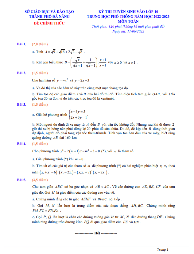 Đề tuyển sinh THPT môn Toán năm 2022 2023 sở GD ĐT Đà Nẵng