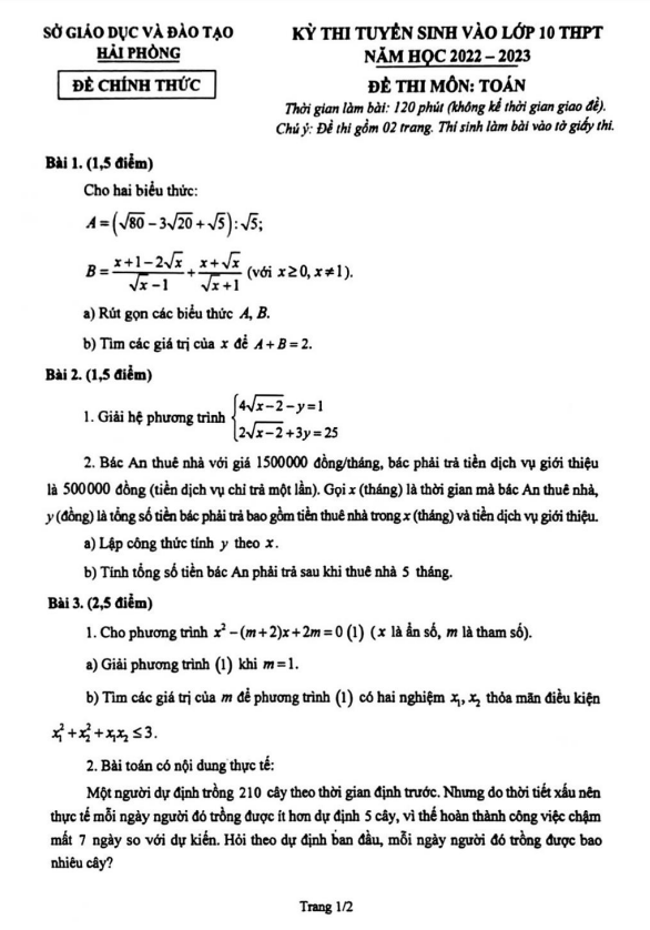 Đề tuyển sinh THPT môn Toán năm 2022 2023 sở GD ĐT Hải Phòng