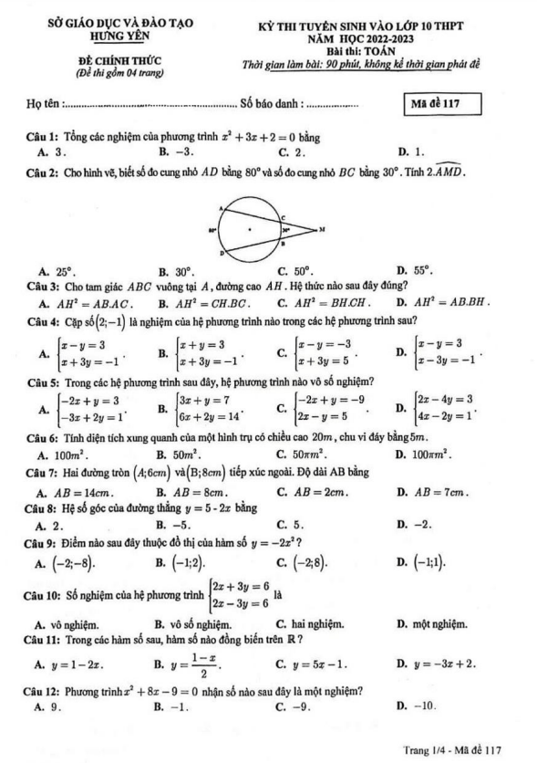 Đề tuyển sinh THPT môn Toán năm 2022 2023 sở GD ĐT Hưng Yên