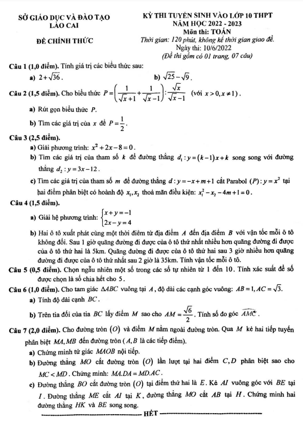 Đề tuyển sinh THPT môn Toán năm 2022 2023 sở GD ĐT Lào Cai