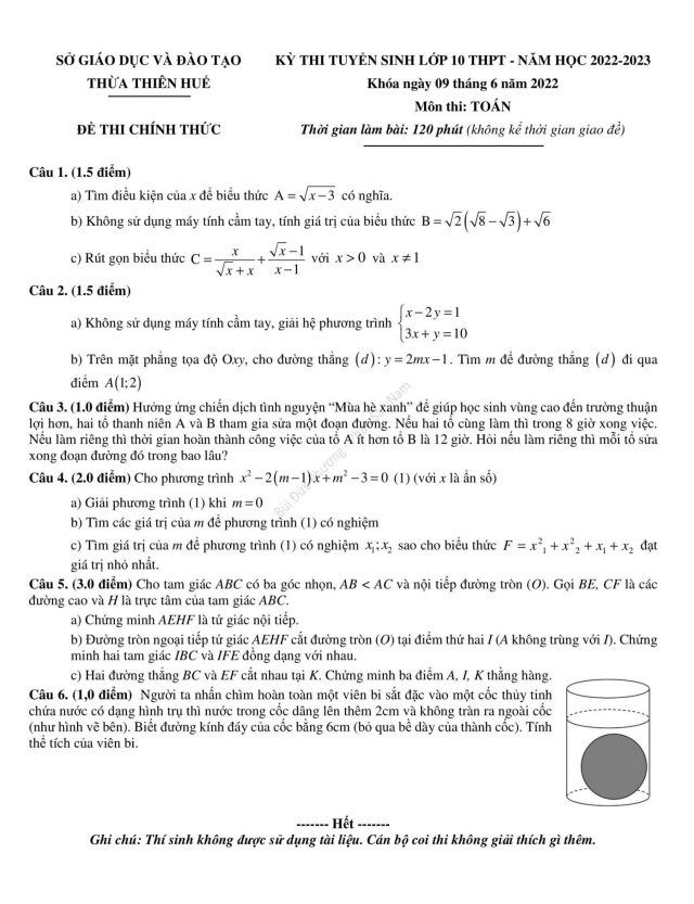 Đề tuyển sinh THPT môn Toán năm 2022 2023 sở GD ĐT Thừa Thiên Huế