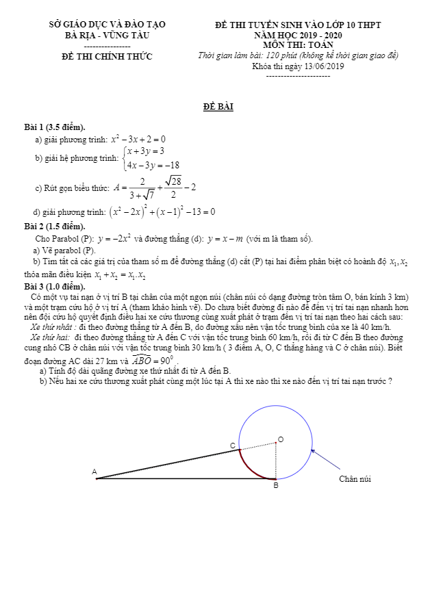 Đề tuyển sinh THPT năm 2019 2020 môn Toán sở GD ĐT Bà Rịa Vũng Tàu