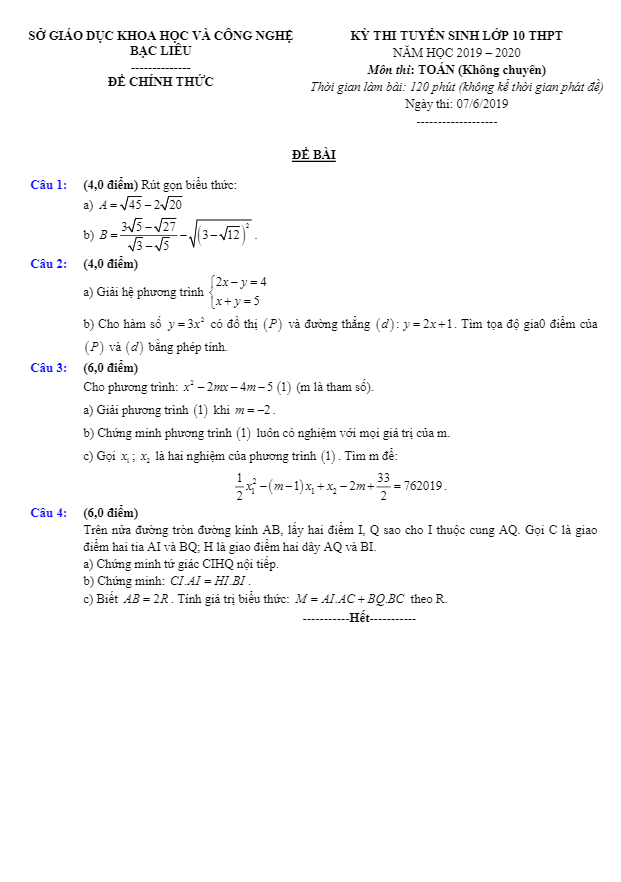 Đề tuyển sinh THPT năm 2019 2020 môn Toán sở GD ĐT Bạc Liêu