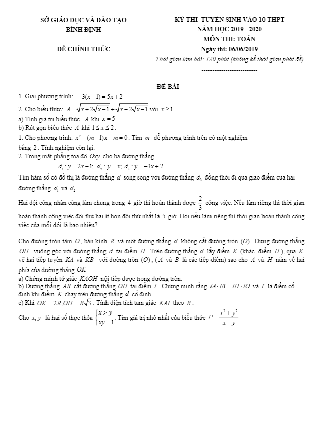 Đề tuyển sinh THPT năm 2019 2020 môn Toán sở GD ĐT Bình Định