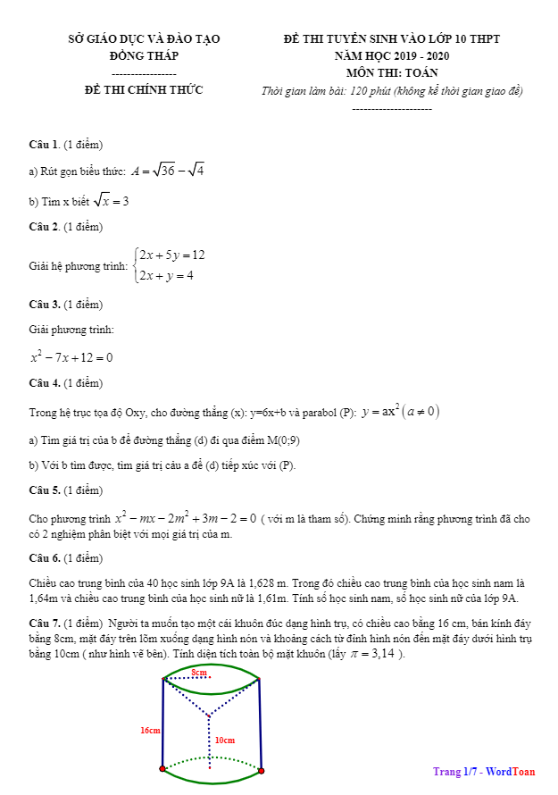 Đề tuyển sinh THPT năm 2019 2020 môn Toán sở GD ĐT Đồng Tháp