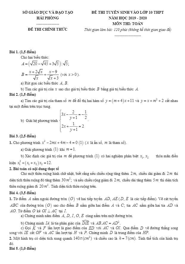 Đề tuyển sinh THPT năm 2019 2020 môn Toán sở GD ĐT Hải Phòng