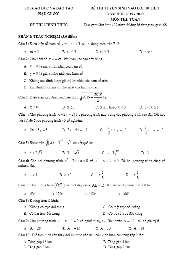 Đề tuyển sinh THPT năm 2019 2020 môn Toán sở GD ĐT Hậu Giang