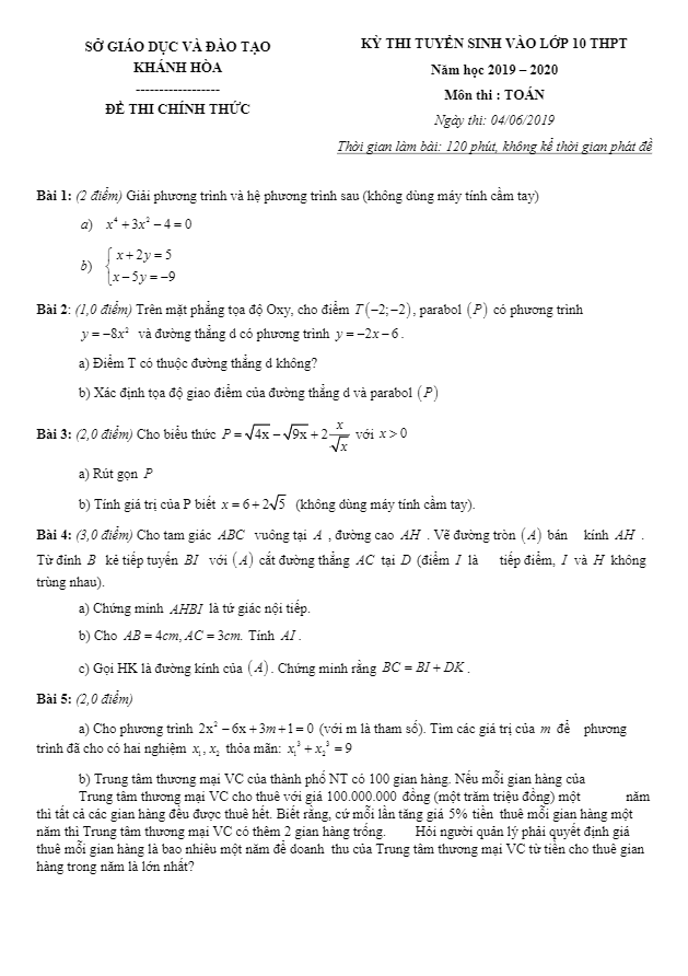 Đề tuyển sinh THPT năm 2019 2020 môn Toán sở GD ĐT Khánh Hòa