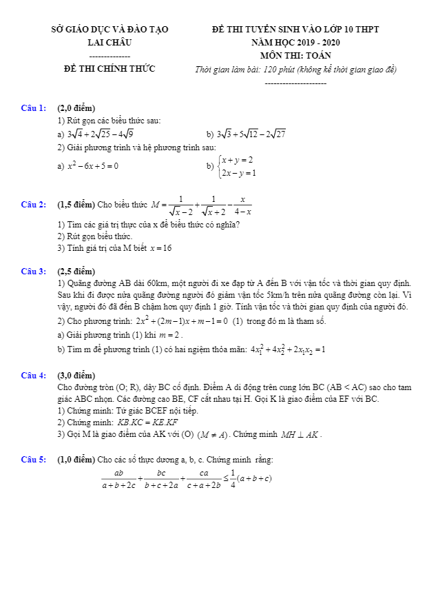 Đề tuyển sinh THPT năm 2019 2020 môn Toán sở GD ĐT Lai Châu