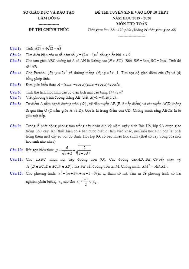 Đề tuyển sinh THPT năm 2019 2020 môn Toán sở GD ĐT Lâm Đồng