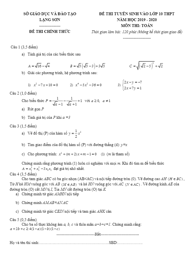 Đề tuyển sinh THPT năm 2019 2020 môn Toán sở GD ĐT Lạng Sơn