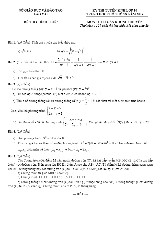 Đề tuyển sinh THPT năm 2019 2020 môn Toán sở GD ĐT Lào Cai