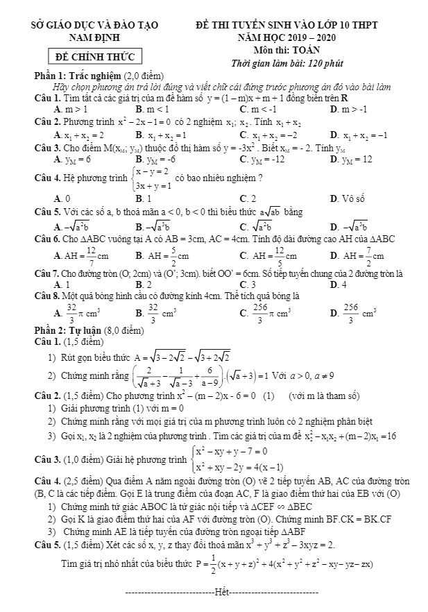 Đề tuyển sinh THPT năm 2019 2020 môn Toán sở GD ĐT Nam Định