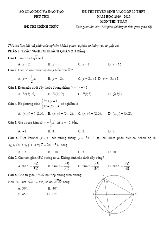 Đề tuyển sinh THPT năm 2019 2020 môn Toán sở GD ĐT Phú Thọ